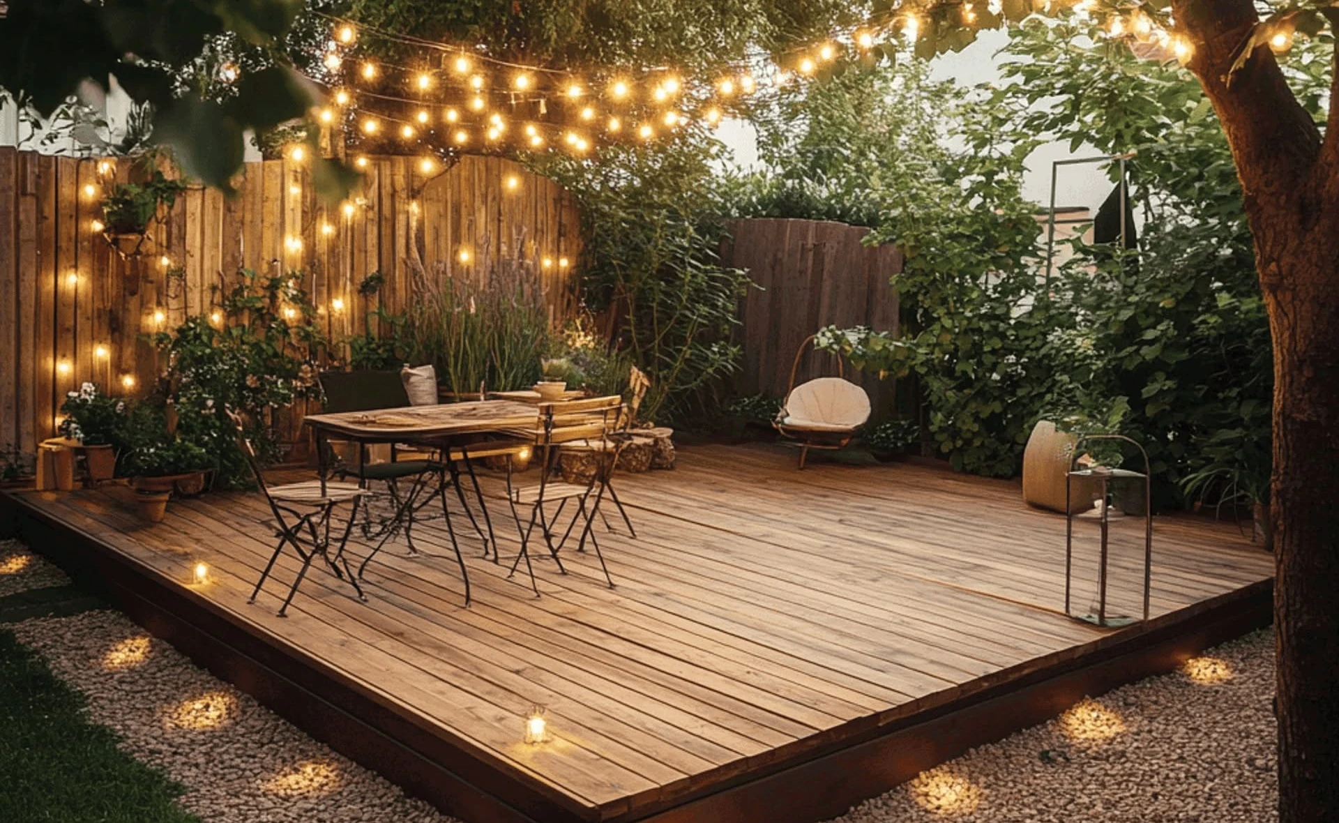 Finished wood deck illuminated by warm string lights in a landscaped backyard