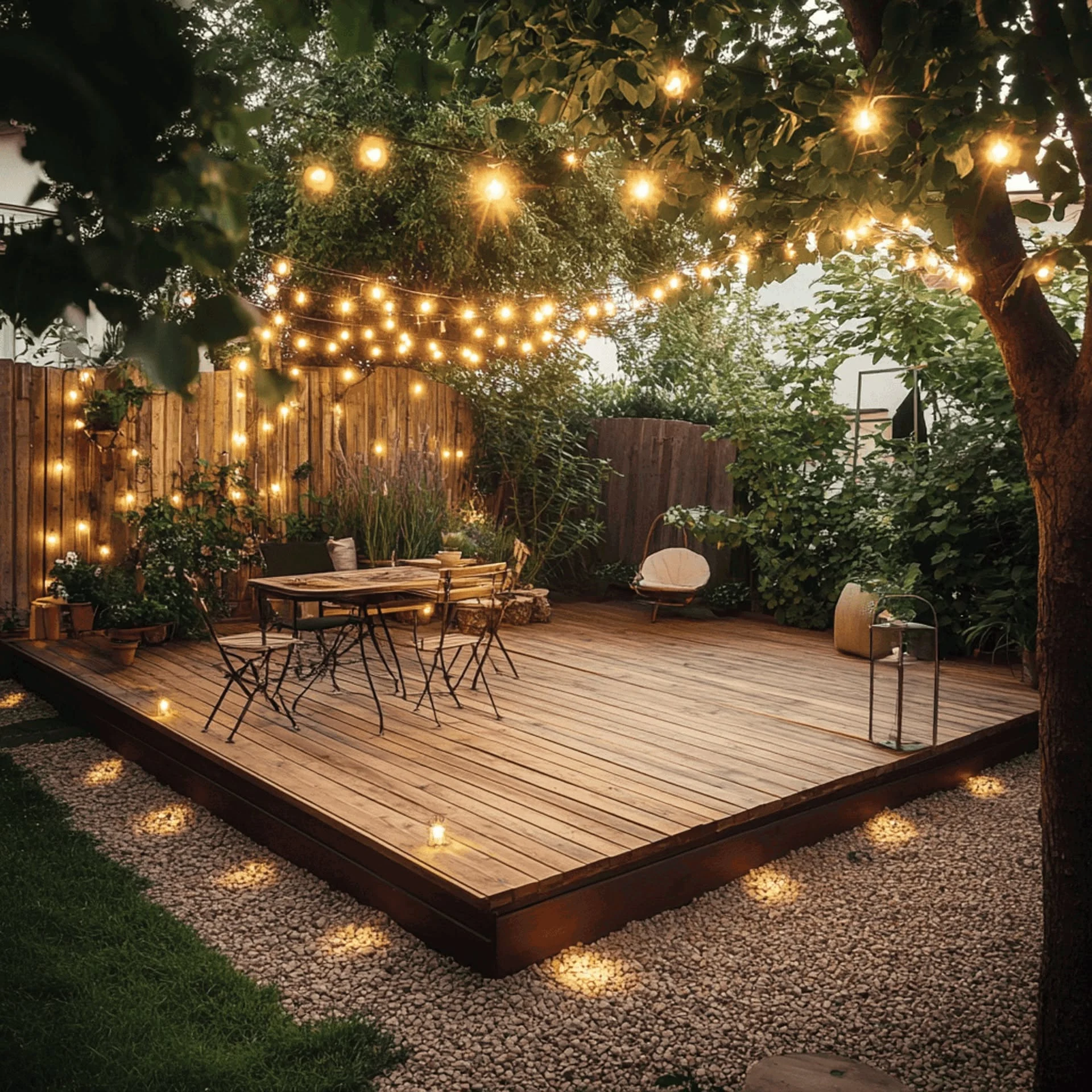 Finished backyard deck illuminated at night